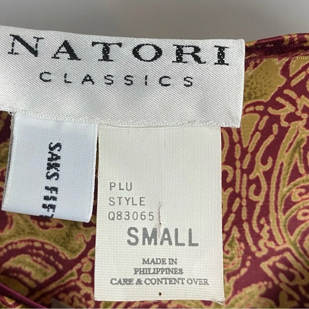 Vintage Natori Satin Paisley Printed 3/4 Sleeve Zip Front Kaftan Robe